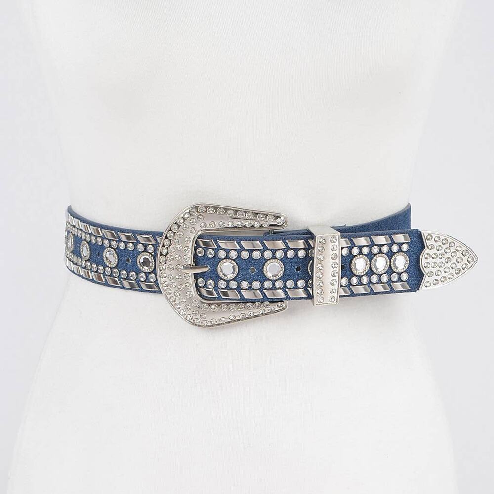 Rhinestone & Metal Studded Elastic Belt in Light Blue